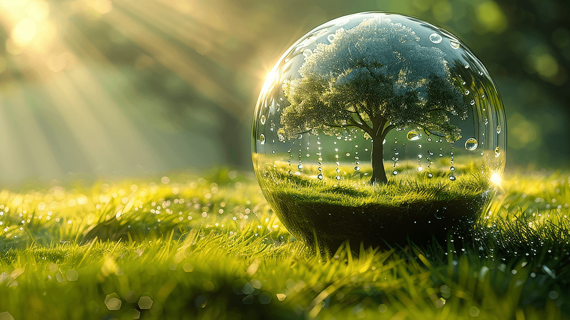 Image of a glass sphere which is having a tree in it