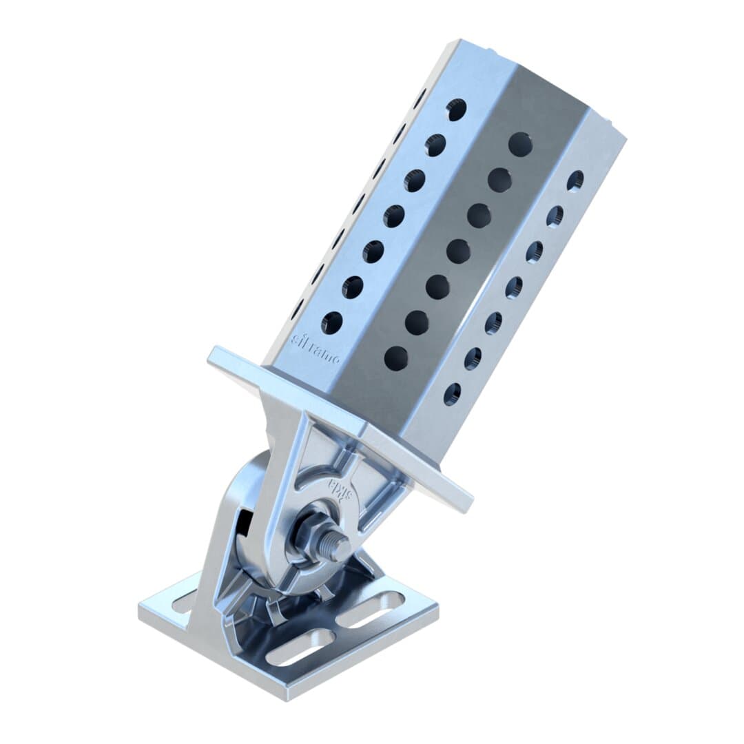 Adjustable metal perforated octagonal insert angled on a swivel hinge with slotted base.