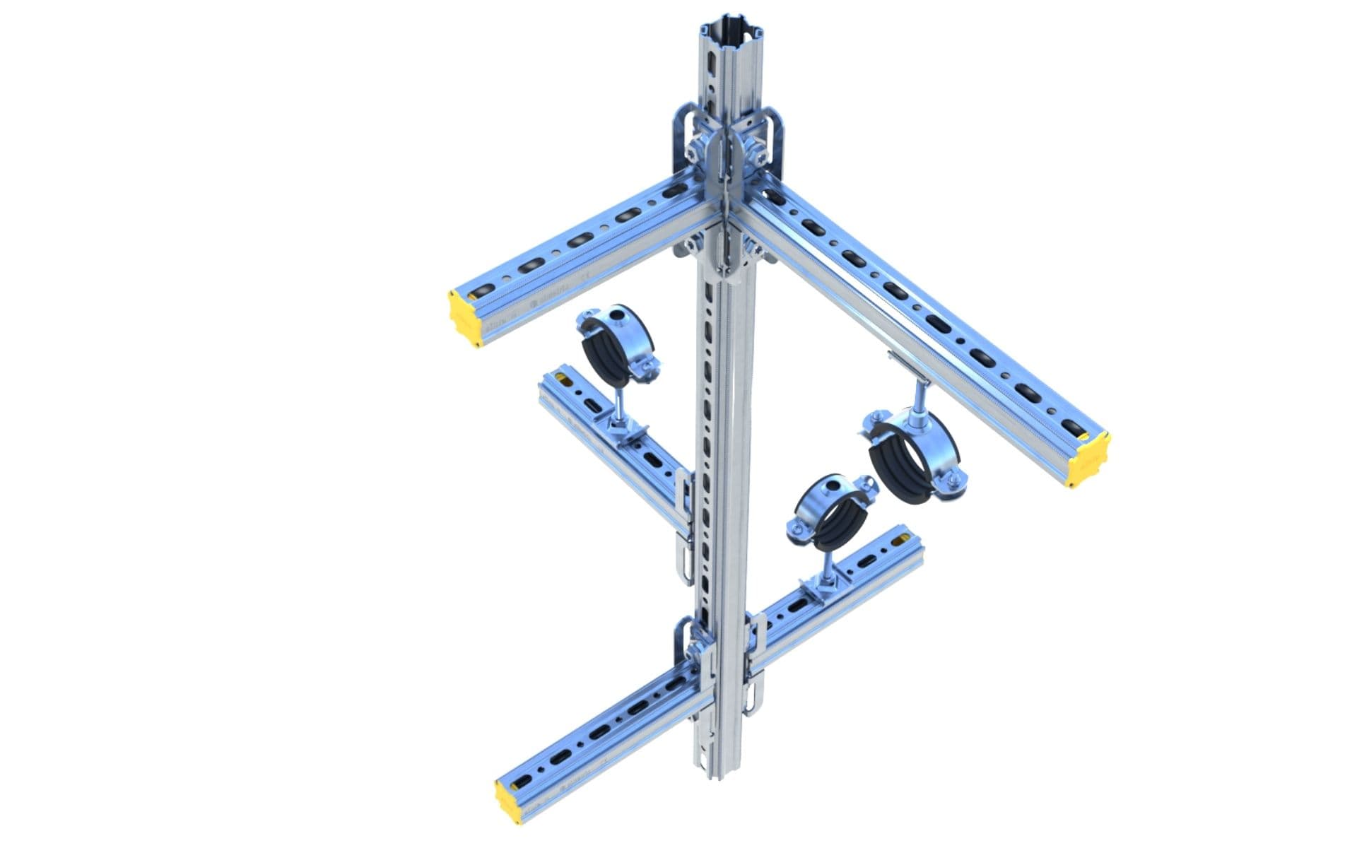 Metal scaffolding structure with adjustable blue beams, pulley system, and yellow end caps against a white background.