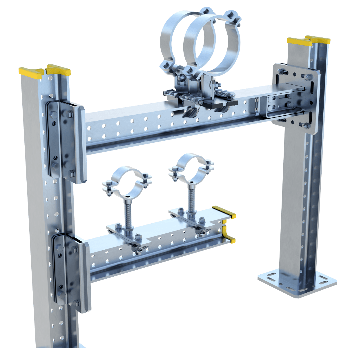 Multi functional framo construction equipped with pipe shoes and pipe clamps